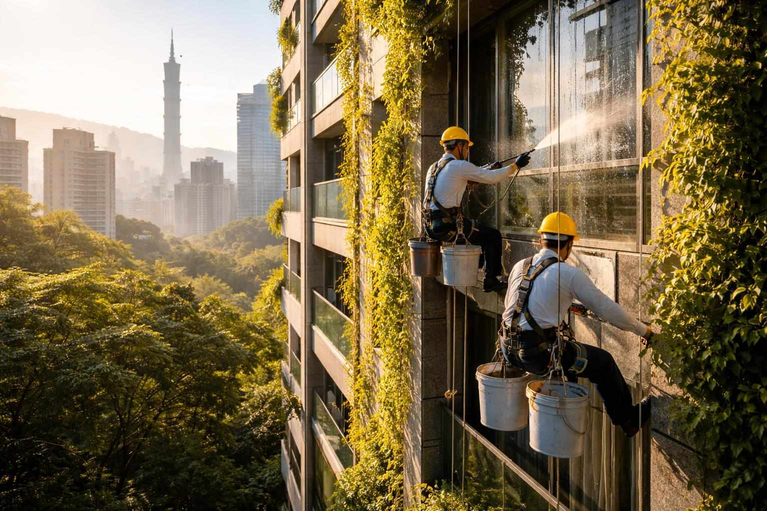 示意圖顯示專業高空作業團隊正在進行外牆清洗的施工場景，畫面無人物正面，符合安全及專業標準。