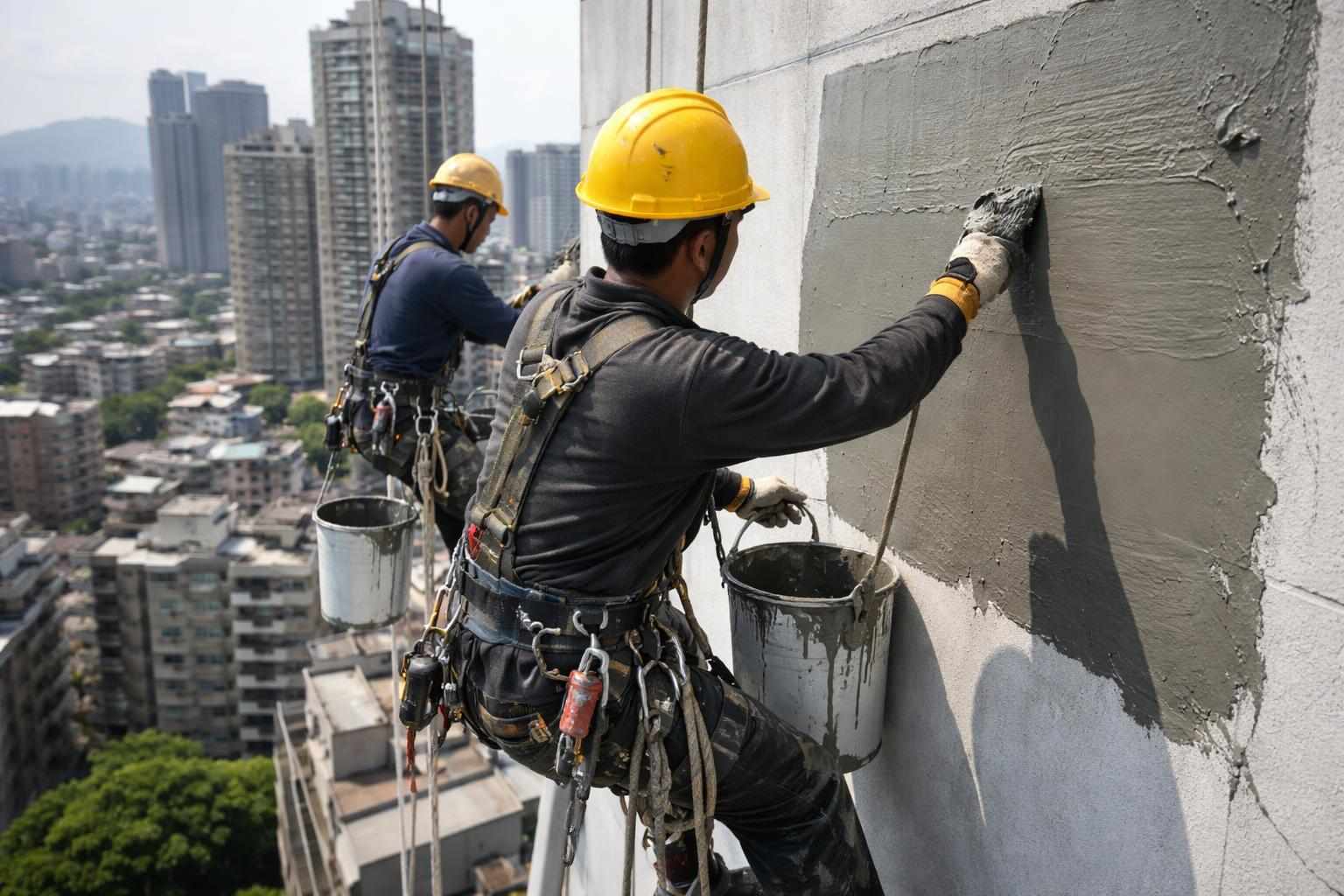 示意圖:高樓外牆綁繩索防水施工情況的示意圖。