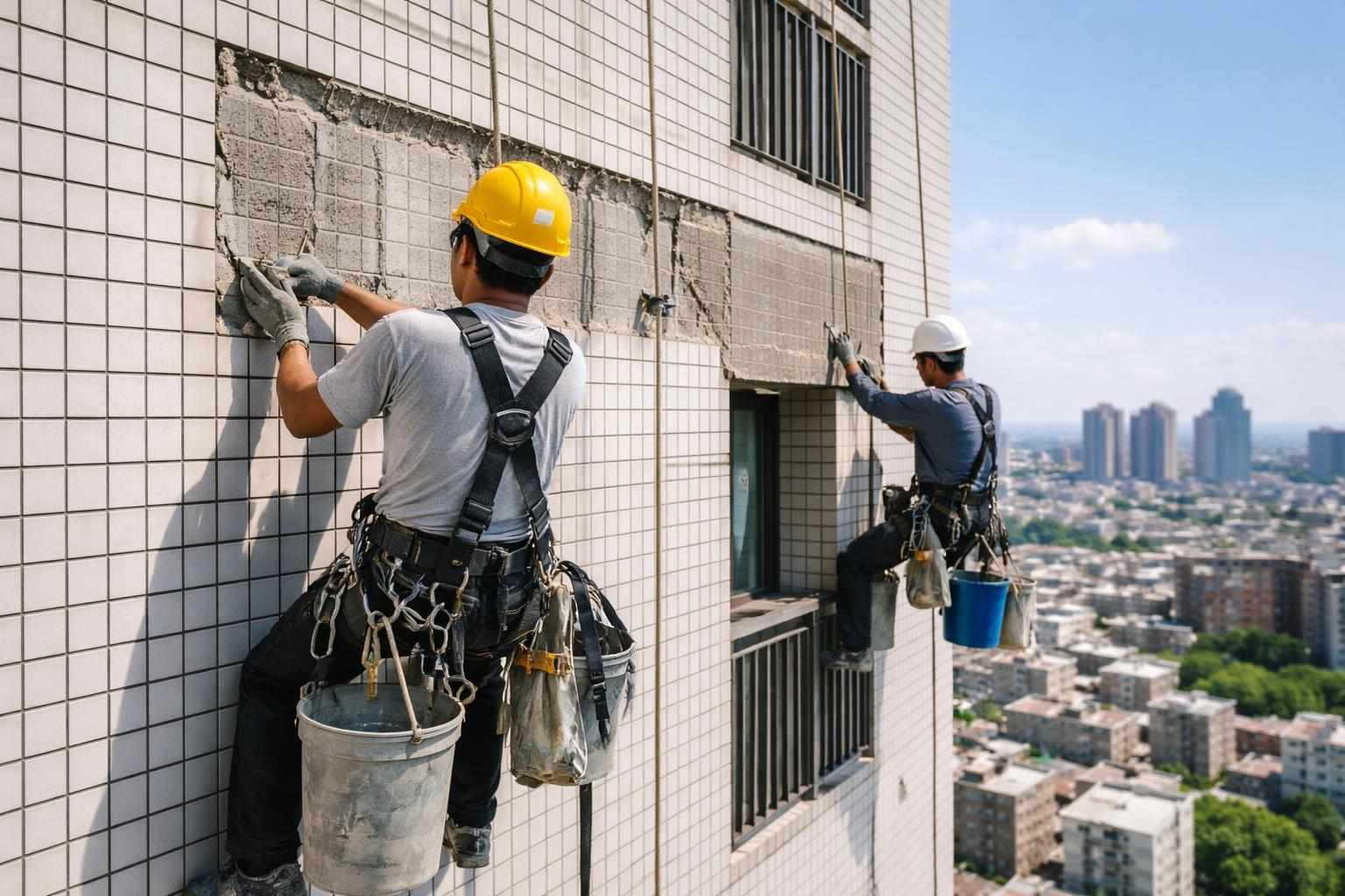 示意圖顯示高空繩索作業的外牆磁磚修繕場景